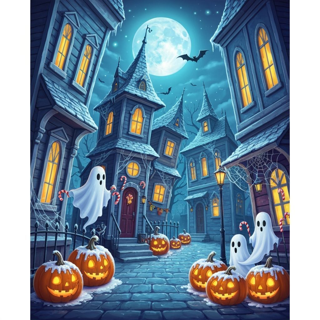 Haunted Holidays,  A sleepy Halloween town where ghosts decorate with candy-cane cobwebs and frost covers the pumpkins.
