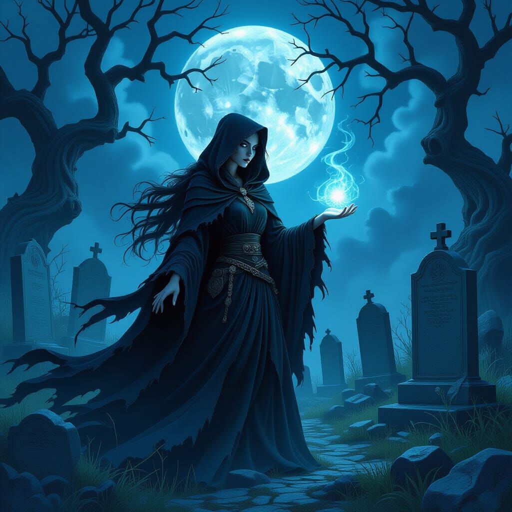 Sorceress Summons Spirits in Graveyard, Dark Fantasy Art