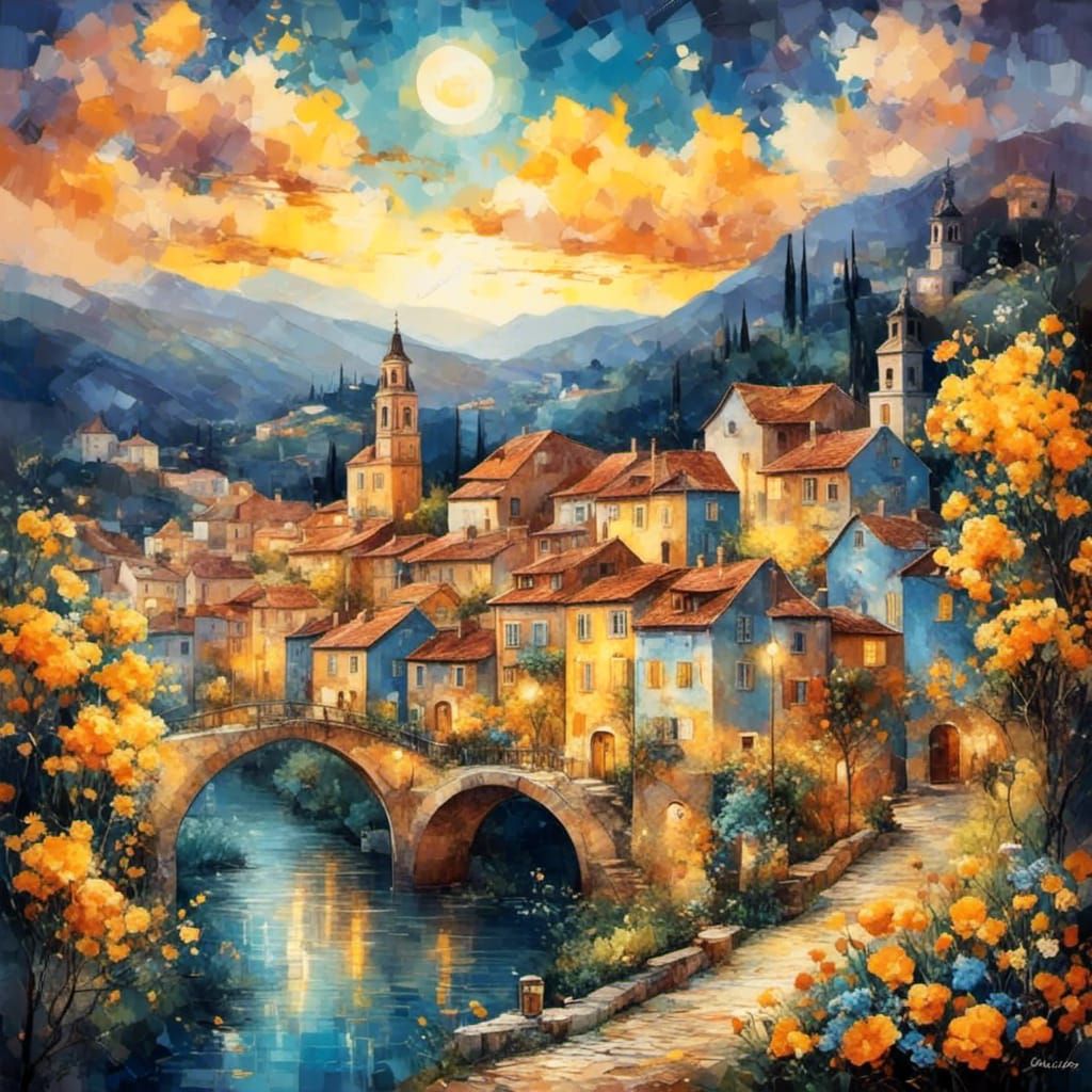 <lora:MEDITERRANEAN TOWN:1.0> <lora:VAN GOGHs FANTASY:1.0> a beautiful old fashioned European town with lovely houses in yellow, orange, blu...