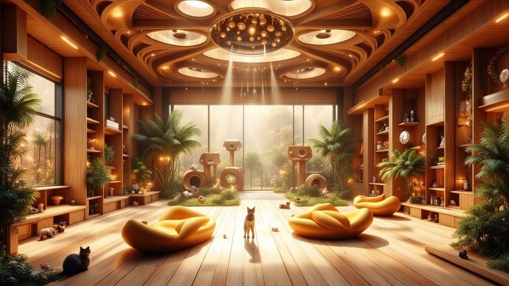 An ultra-modern for homeless cats, featuring private gardens, cat beds and play pens, cat trees and toys. ...  by @Jezabelcreations