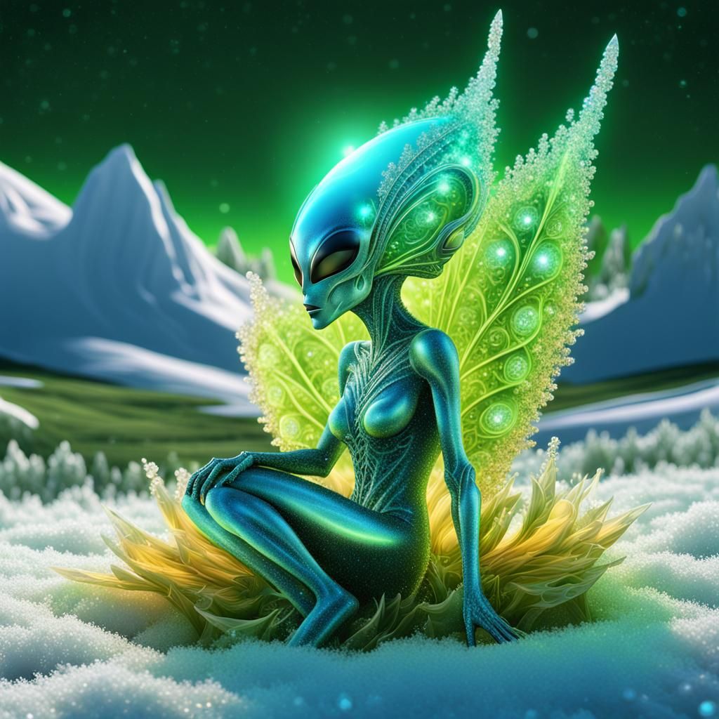 Alien sitting on top of a lush green field, digital art, cov...