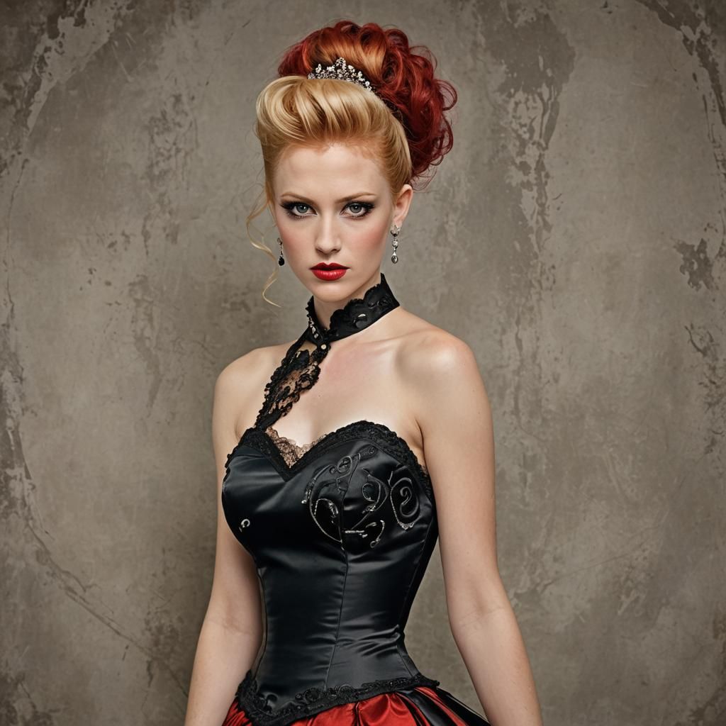 She wears a black halter neckline bodice with a taffeta a-li...