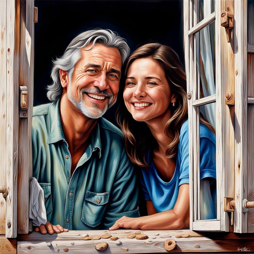 una pareja mirando  a través de una ventana  cara sonriente ...