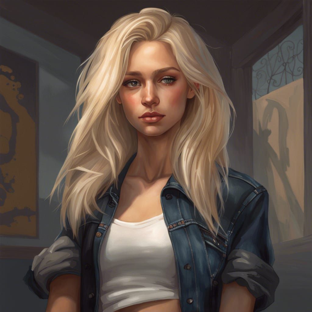 Hyperrealistic rich girl, 17, light blonde hair, full body picture, front view, dark clothing, jean jacket, ripped jeans...