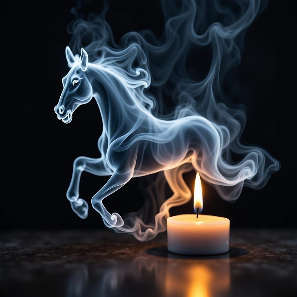 the smoke above a candle takes on the shape of a smokey sheer wispy horse galloping<lora:Smokey FX:1.0> 