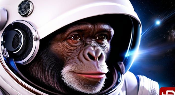 Chimpanzee As An Astronaut Floating In Outer Space With The Earth Big 