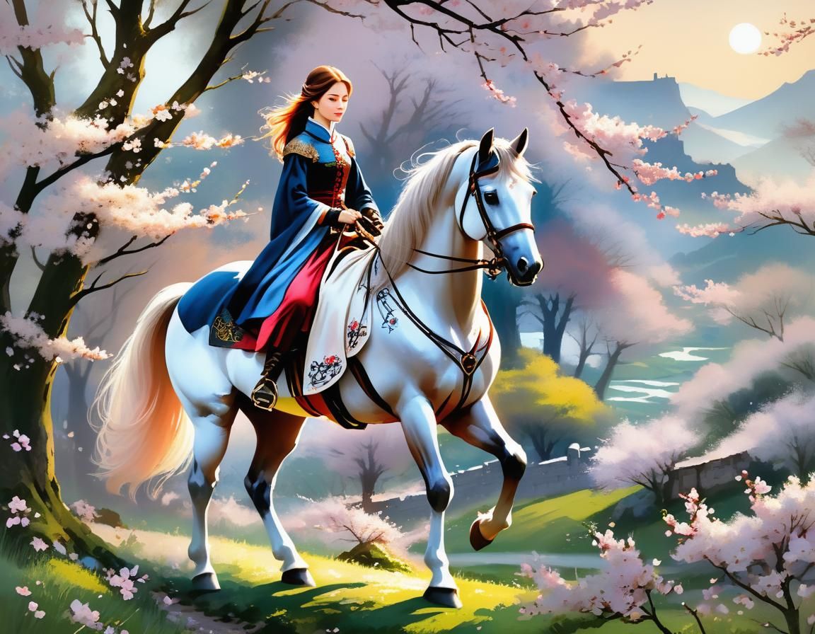 the cute girl in medieval clothing rides on a beautiful hors...