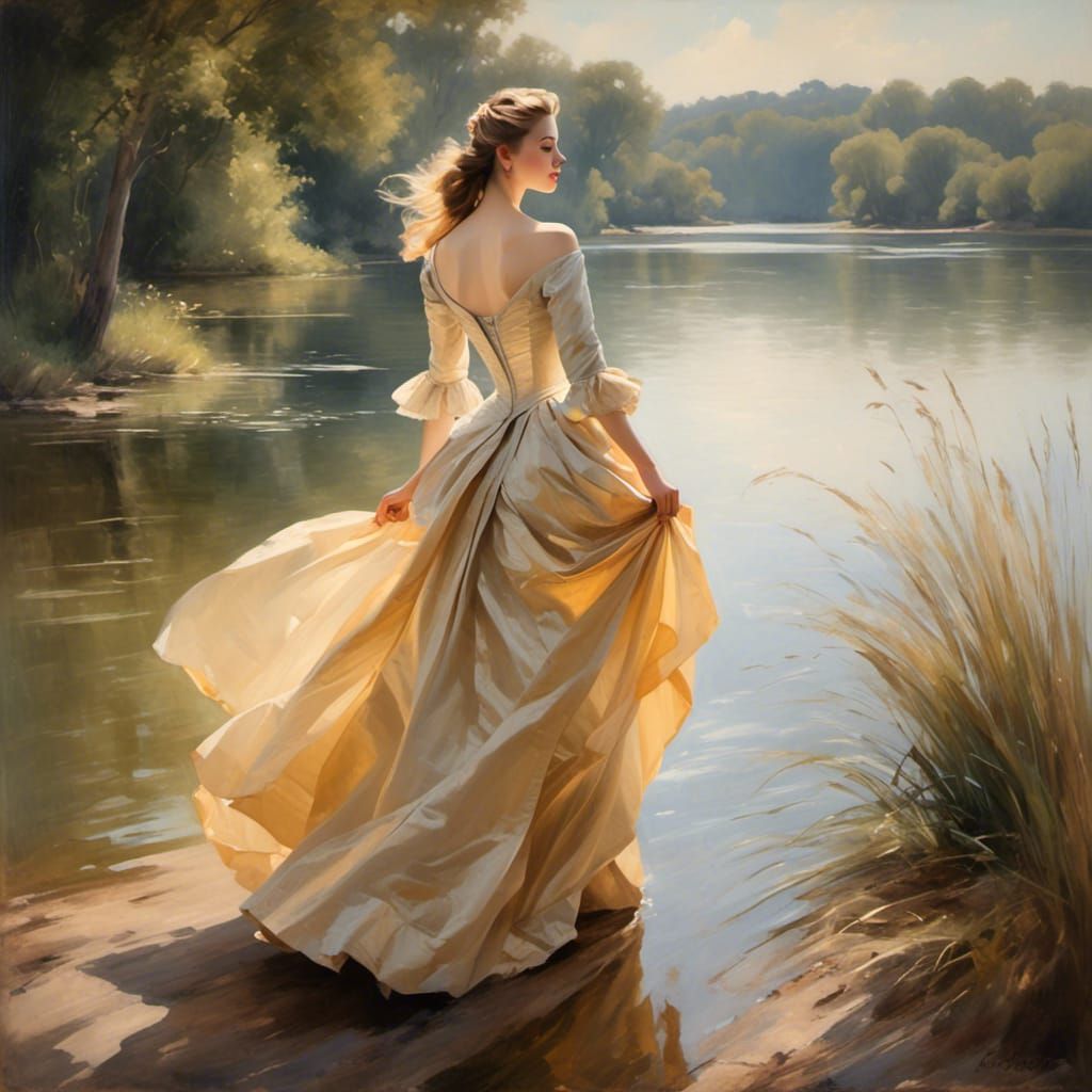 Portrait of a woman in rococo costume on the shore of a lake <lora:Beautiful Visions:1.0> 