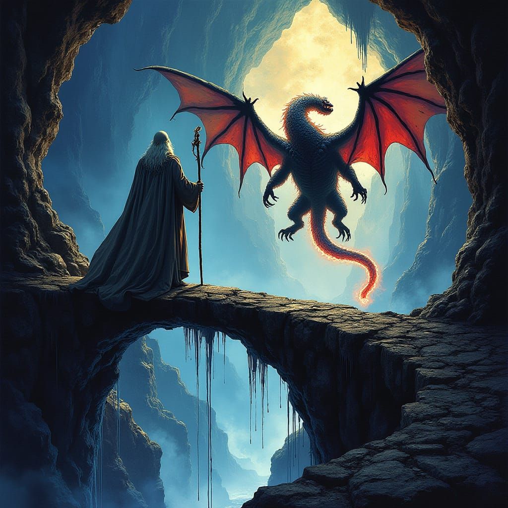Gandalf on the Bridge of Khazad-dûm in Stained Glass Style