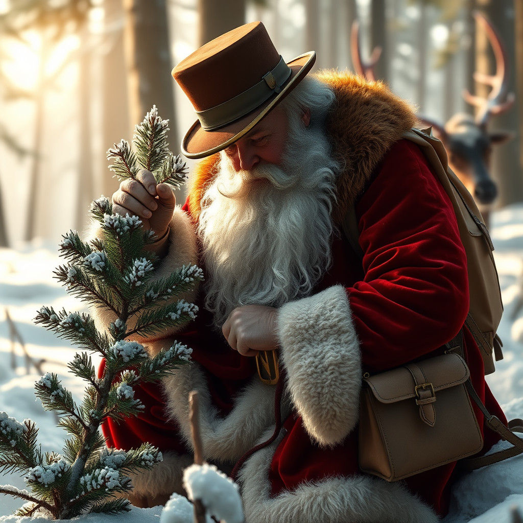 Santa Claus as a **Victorian** Explorer:
In a snowy conifer forest, Santa kneels beside a fir sapling, inspecting its needles with a brass m...