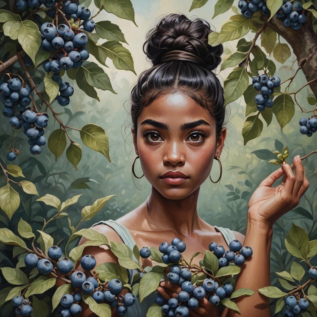oil painting of a dark-skin Latina with black hair messy bun, big brown eyes large false eye lashes, ...  by @Mildalia