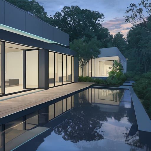 Modern House with Pond and LED Lighting in 8K