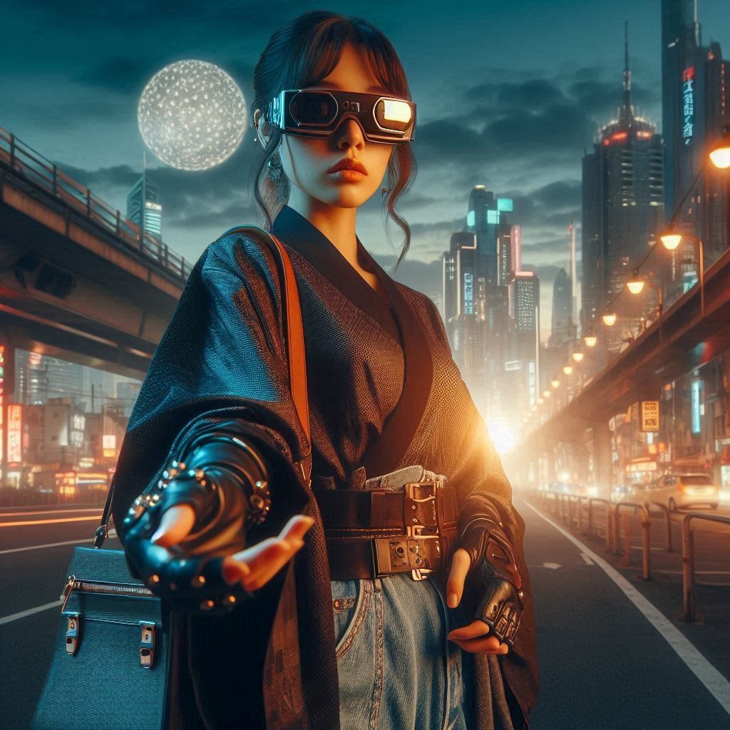 Young asian Woman with a shiny costume, safety goggles, leathergloves  and a handbag standing on the street of a futuris...