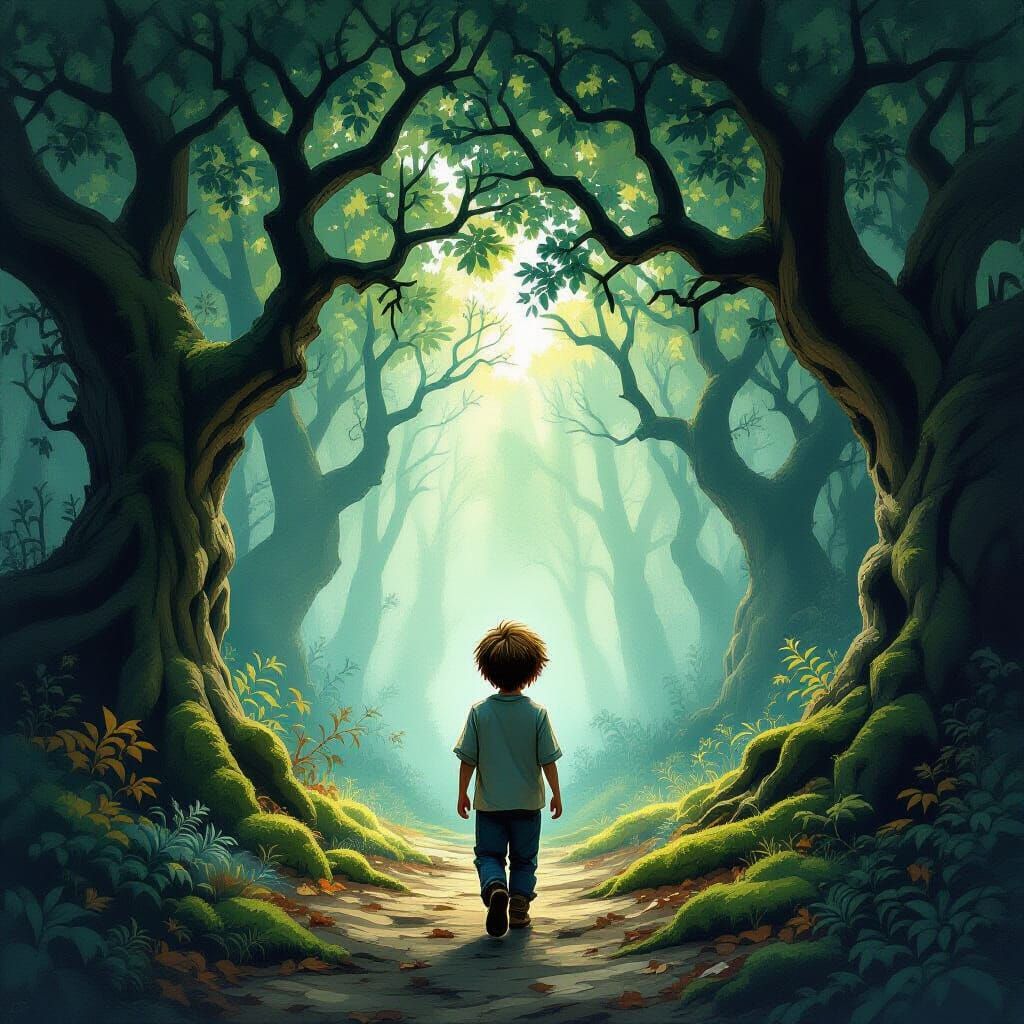 Lost Boy Crying in Enchanted Forest