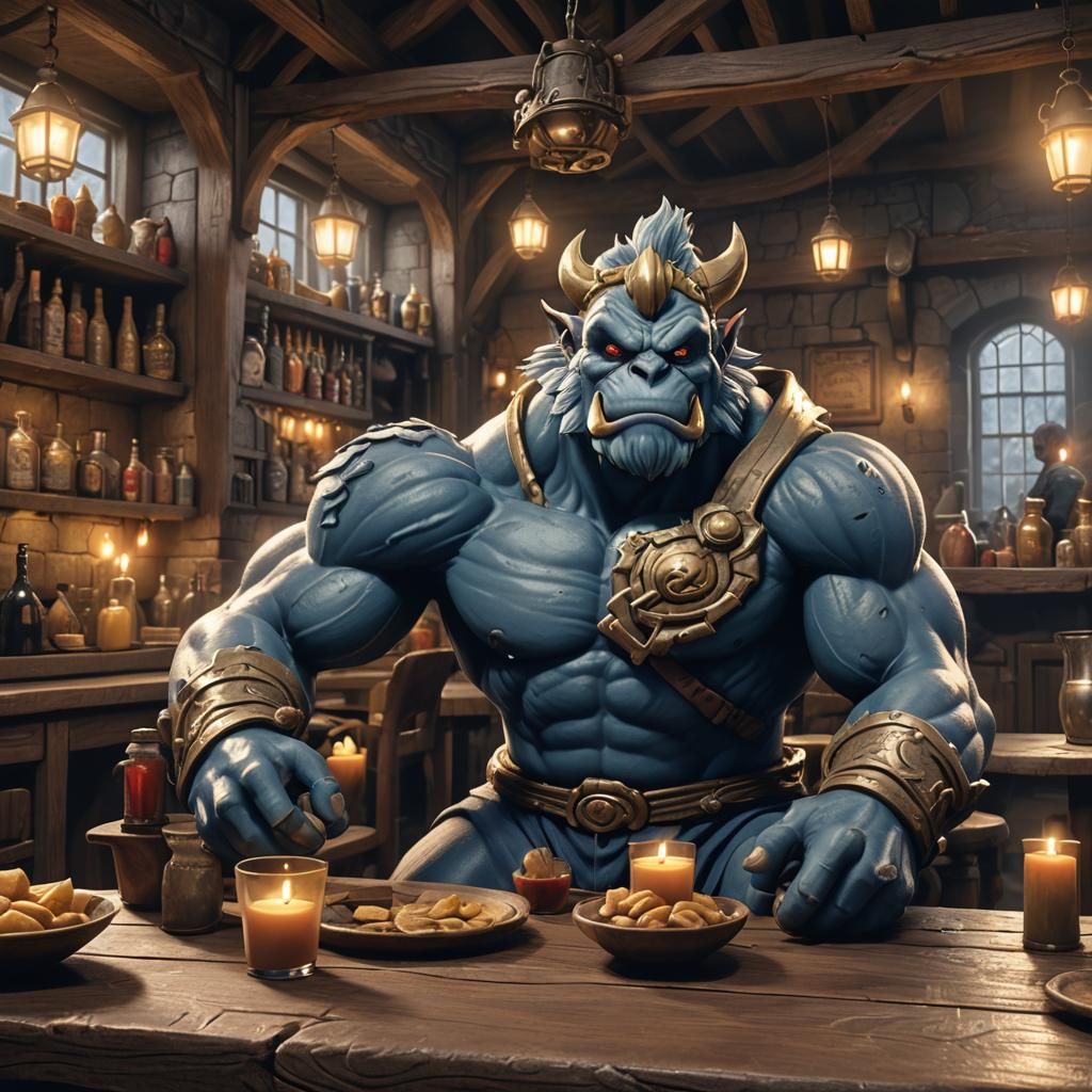 Machamp sitting in a tavern, fantasy, wax candles