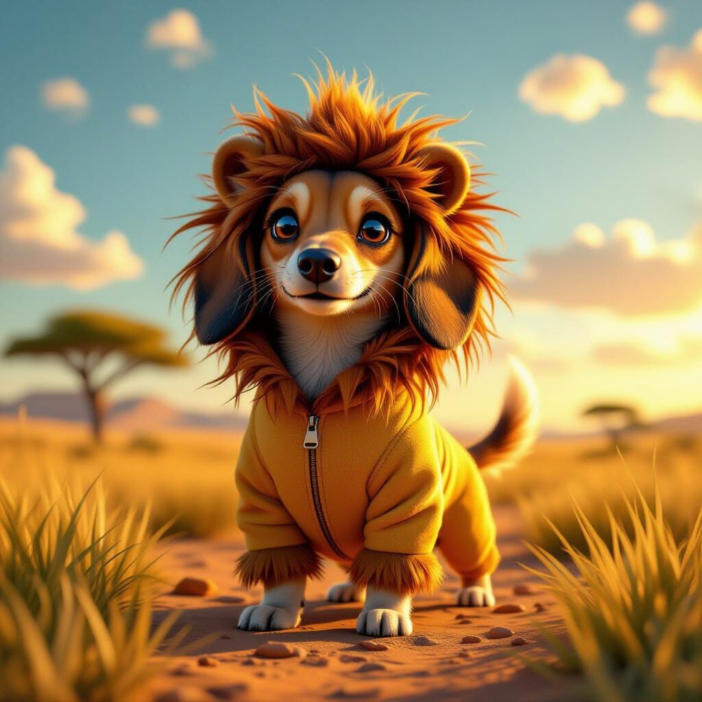 A cute dachshund in a lion suit in the savanna   by @Cute_dachshunds