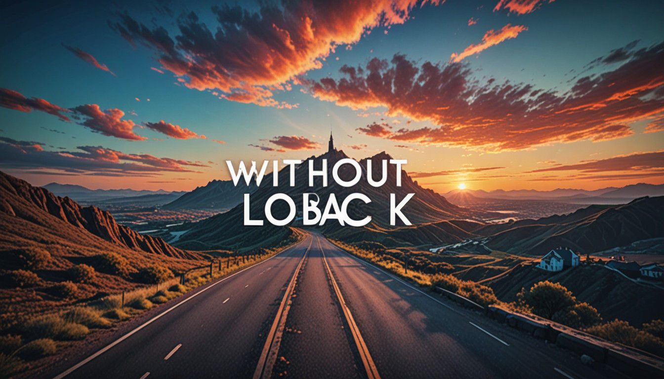 Real-world image in 4k with vibrant colors in realism with the theme "Without looking back" and in the center in title font the name of the...