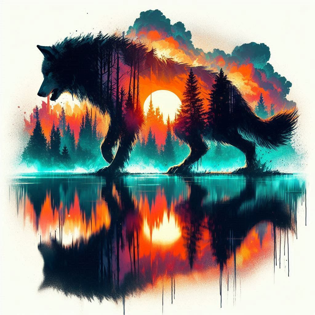 Double Exposure Wolf Reflection