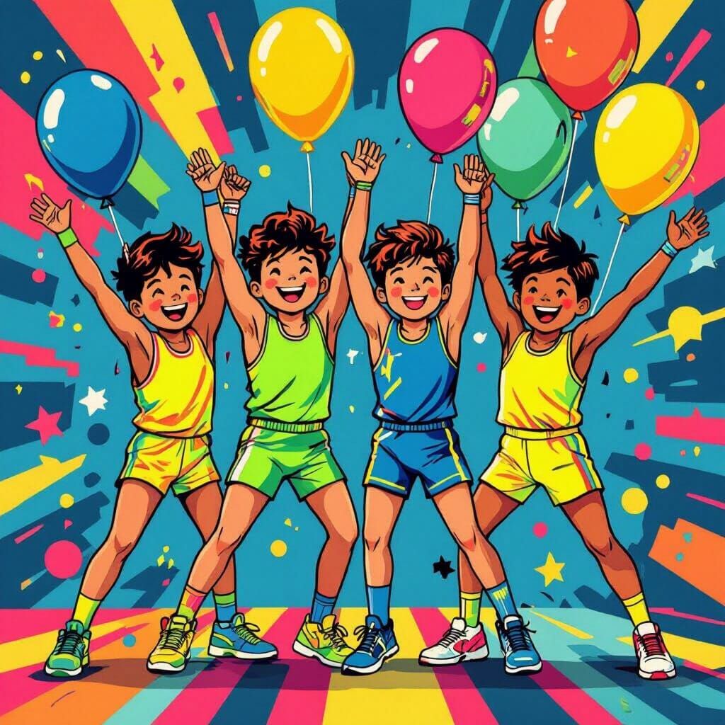 Create a birthday party invitation for a 4 year old boy. The theme is 80s gym class. Include a photo of a group of 4 year olds wearing typic...