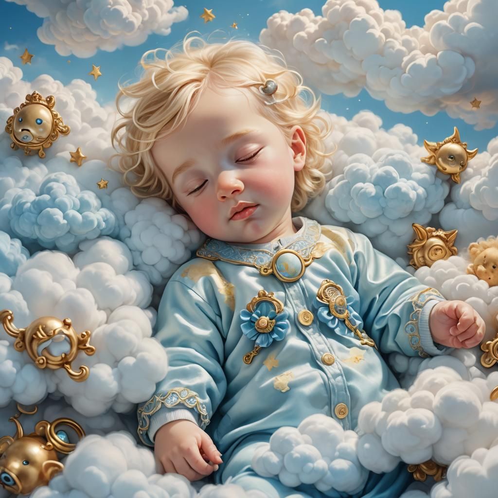 Dreamlike Baby Sleeps on Clouds: Fantasy Concept Art