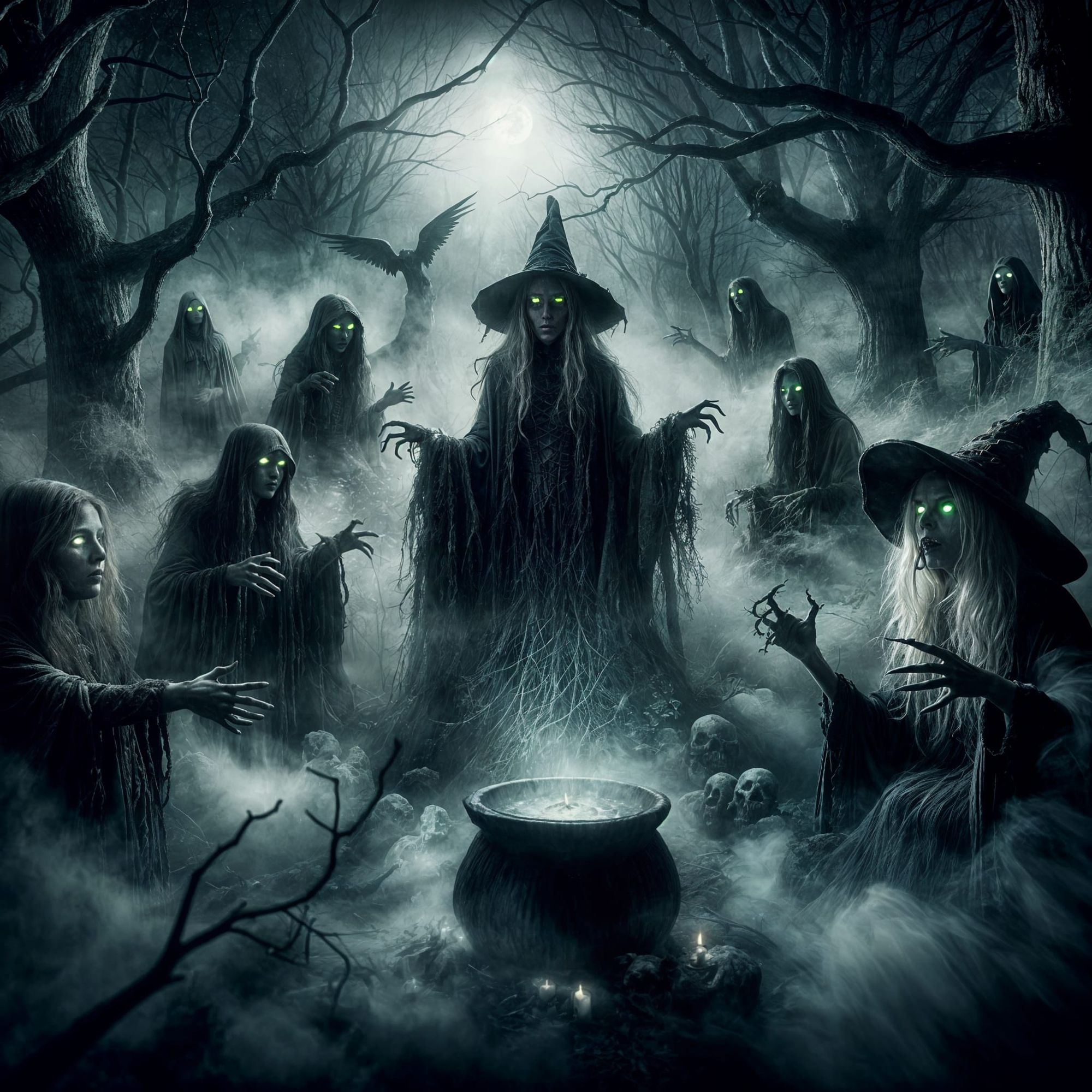 dark, foggy forest, eerie atmosphere, dread, translucent, glowing ghostly apparitions floats above the ground, moonlight, hollow, sorrowful...