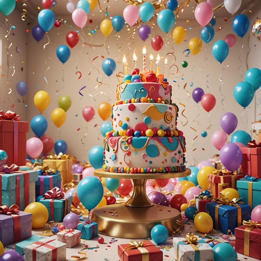 A birthday cake, presents, balloons, decorations   by @Tilted25