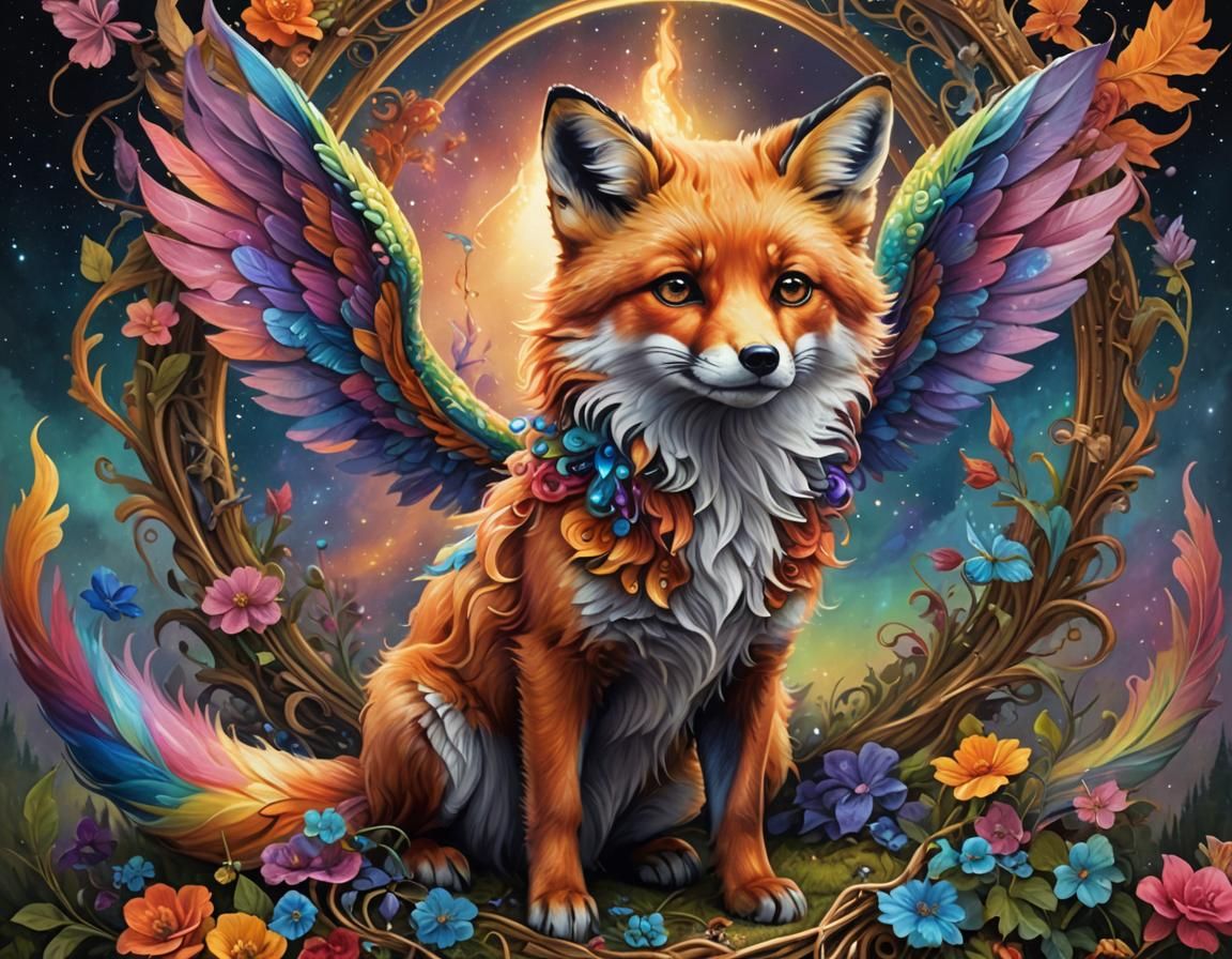 Rainbow Winged Fox in Rococo Hyperrealism
