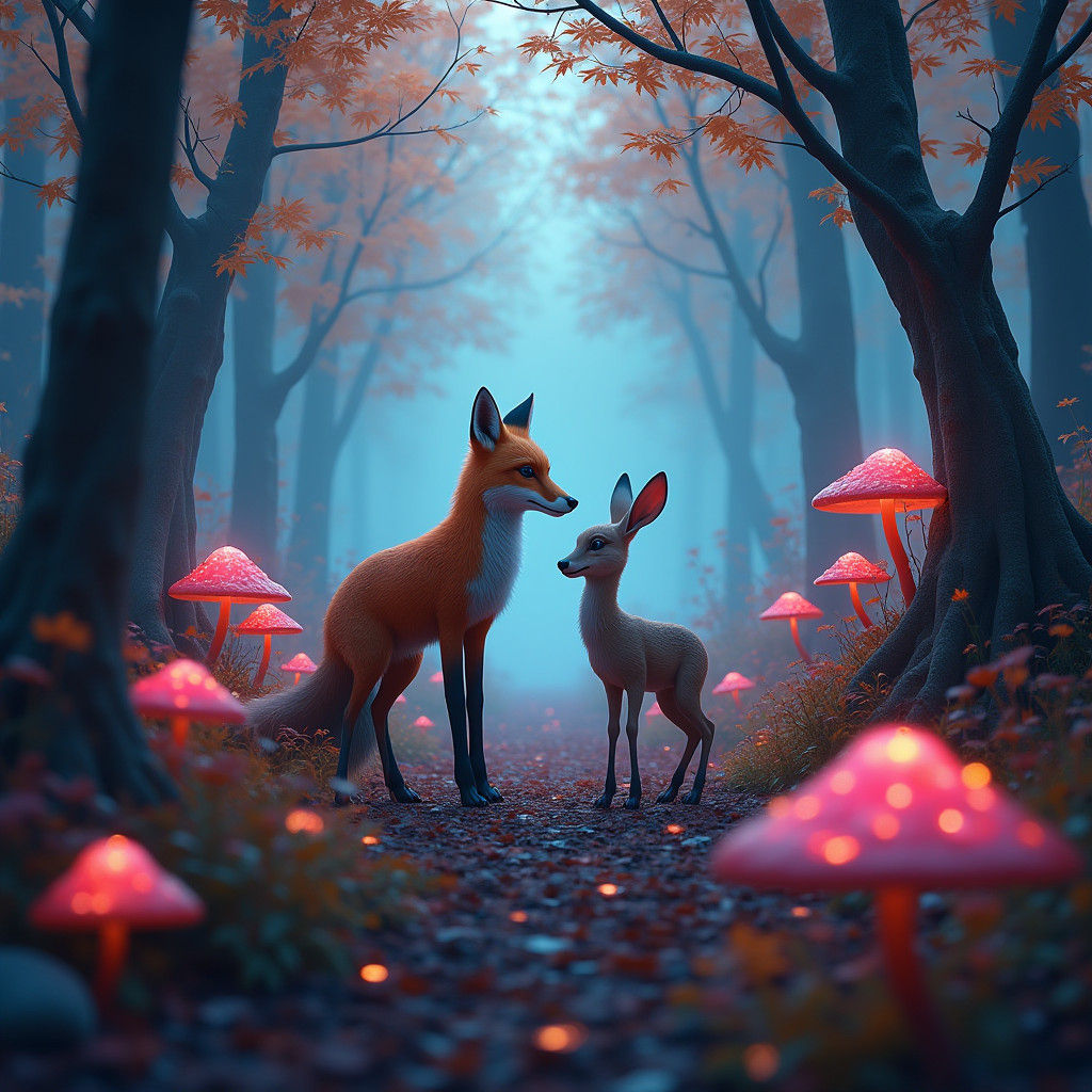 a realistic depiction of a fox and a doe eating mushrooms in an autumn forest in the Karst region, psichedelic style