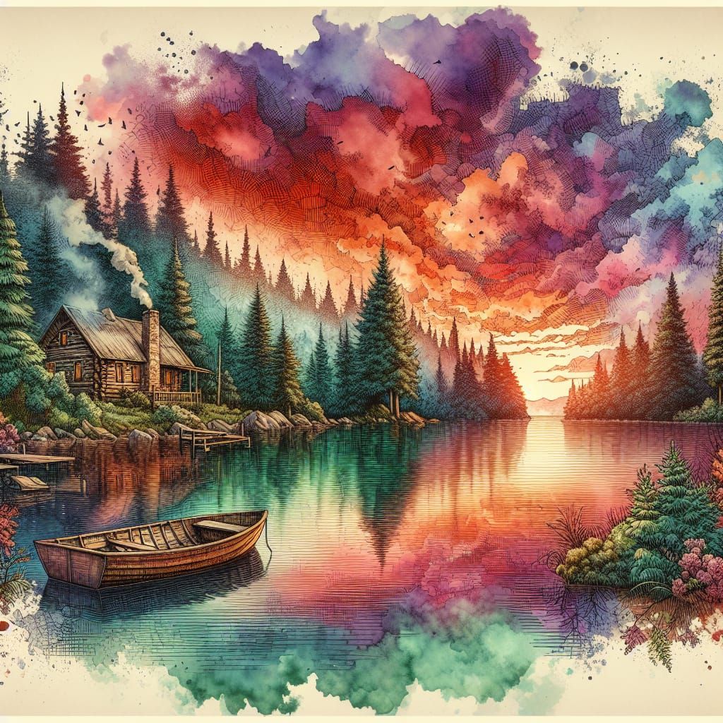 A beautiful watercolor scene with a boat on a lake, vibrant colors, a sunset, and a log cabin at the edge of the forest.  by @Adalyne
