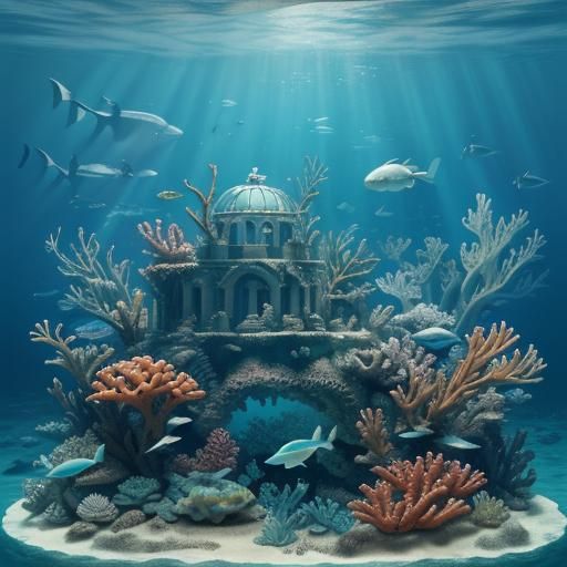 underwater laboratory. Giant glass dome. Sea water. green wa...