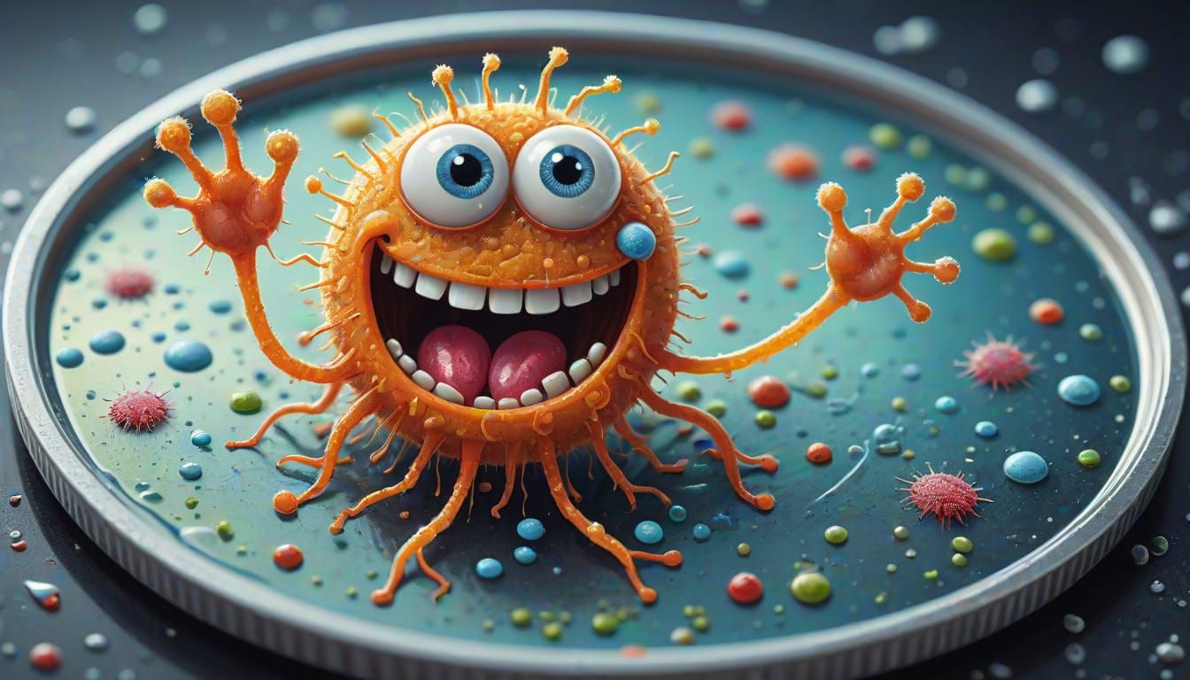 A single, anthropomorphic bacterium saying, "Howdy! Does anybody want to get sick?"