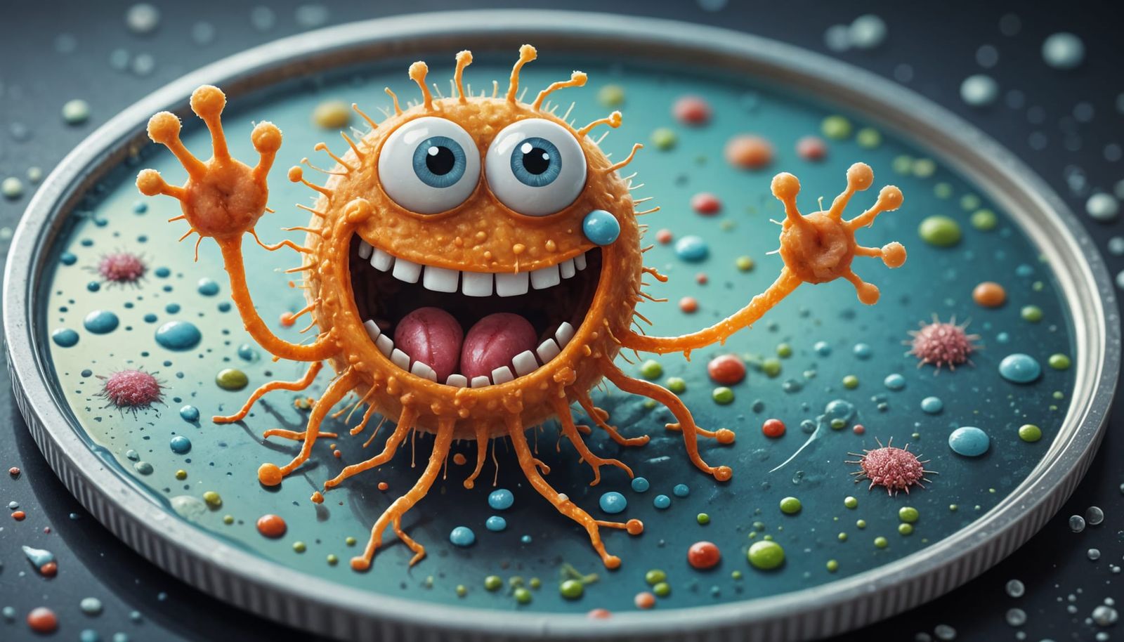 Microscopic photography, fisheye lens. A single, anthropomorphic bacterium with a goofy grin, wearing ...  by @zRender69