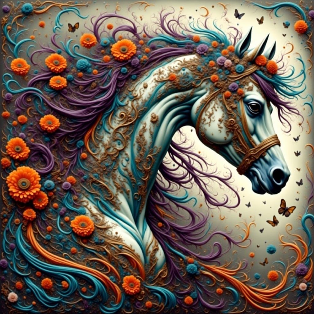 <lora:Flora Lora:1.0> (carousel horse:1.9), rich colours, saturated colours, (white orange green purple blue:1.8), flowers, surreal, breatht...