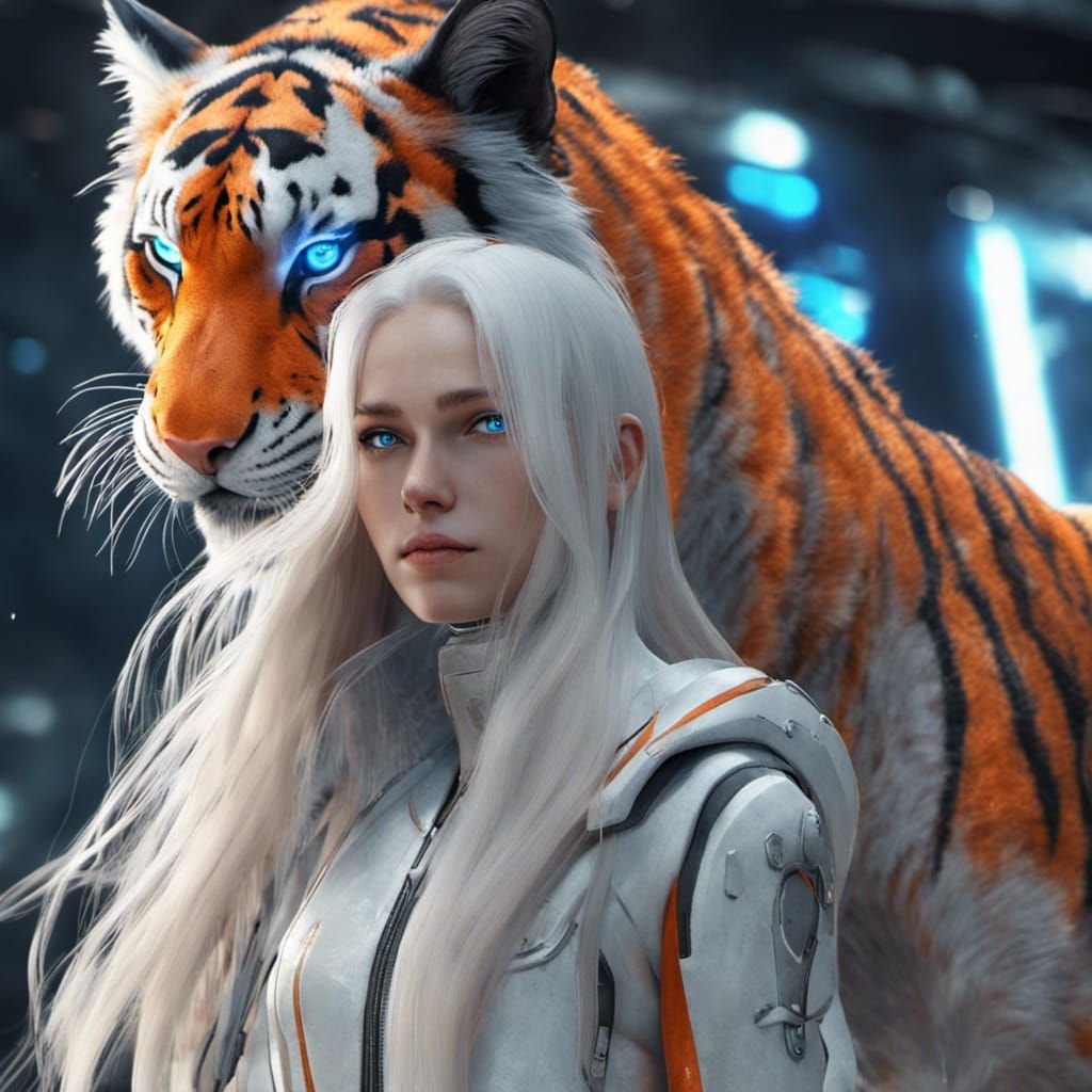 Slender girl, extremely long white hair, blue eyes, a tiger ...