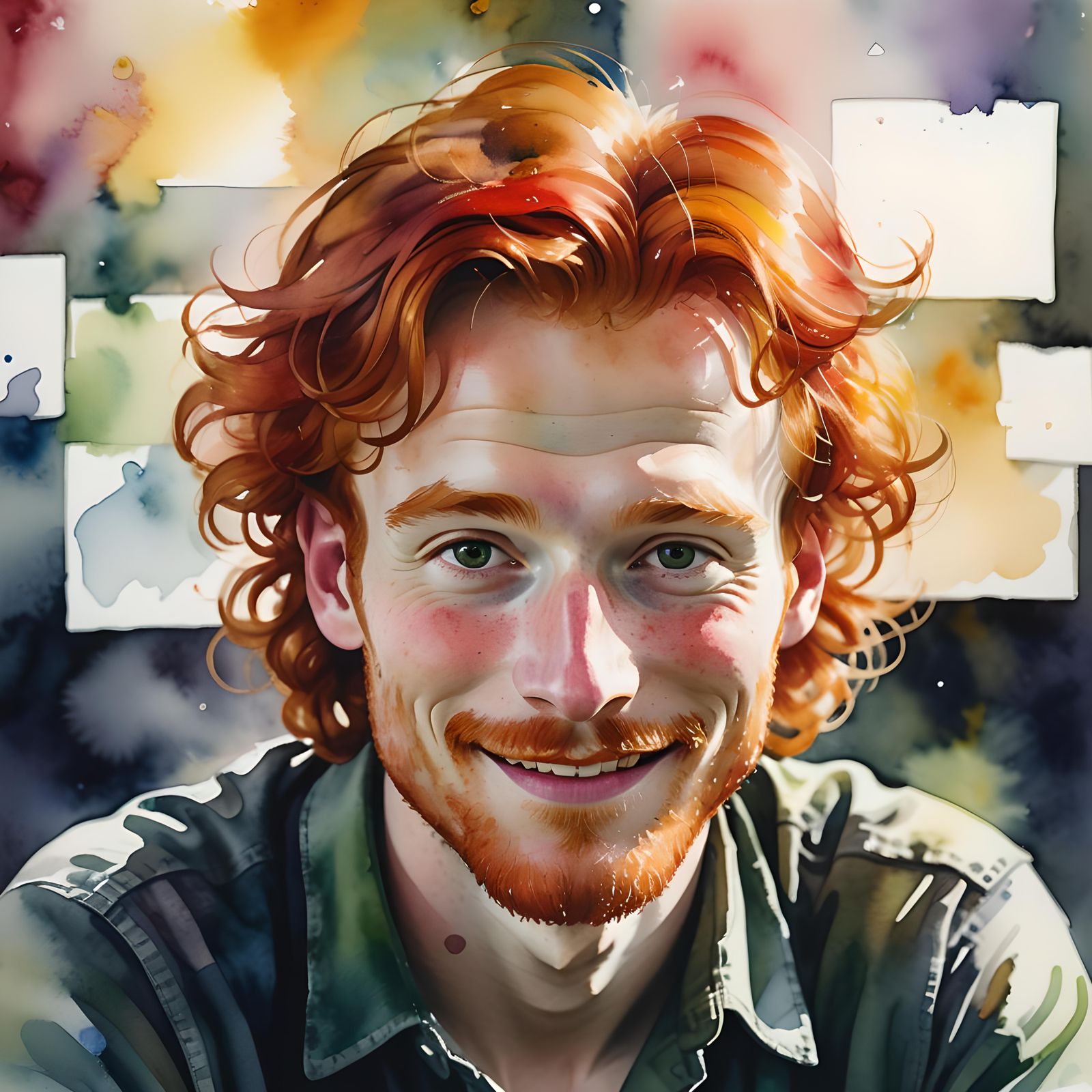 portrait of a red headed engineer poet, facing the camera, watercolor