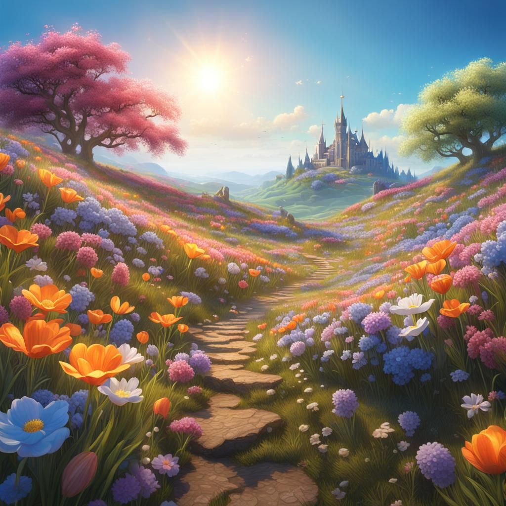 A hill full of blooming spring flowers on a beautiful sunlit...