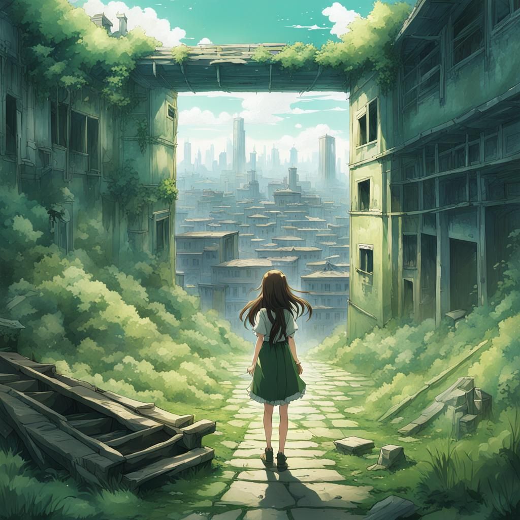 Anime Girl Observes Nature's Reclamation of City