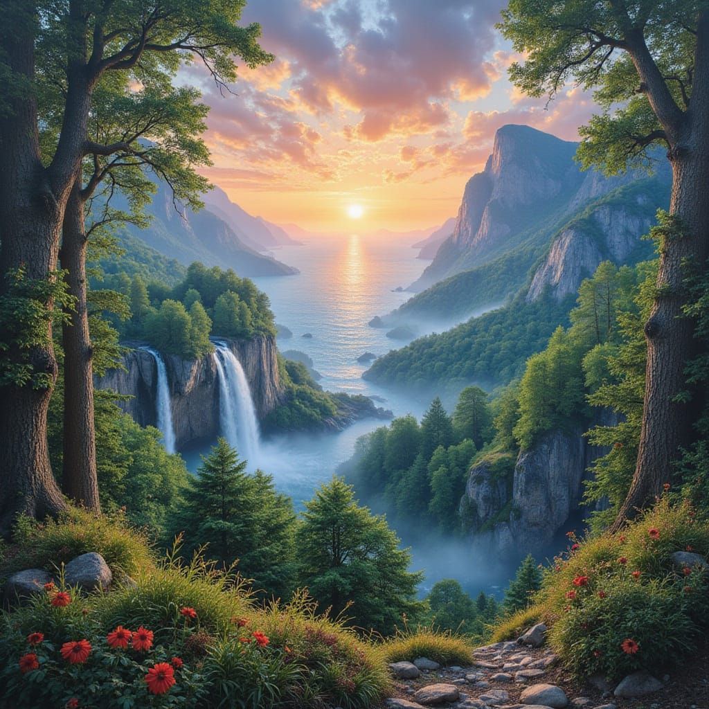 Epic landscape mural, featuring deep verdant forests, rolling Stony hills, waterfalls, distant horizons, and the song of the sea, all under ...
