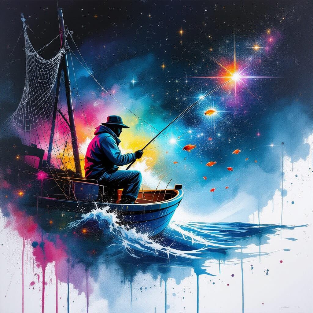 Cosmic Fisherman's Journey in Vibrant Graffiti Art