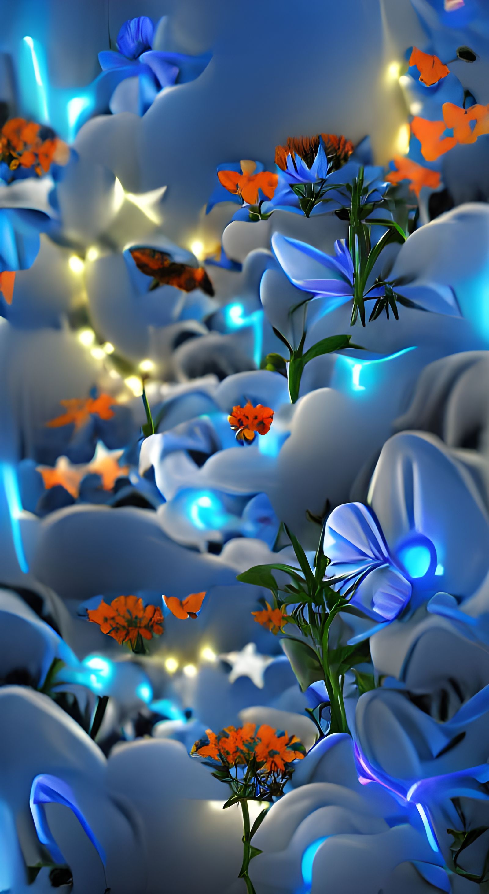 Blue Flowers in the stars and clouds starlight ambient occlusion digital illustration deviantart DSLR HDR glowing neon p...