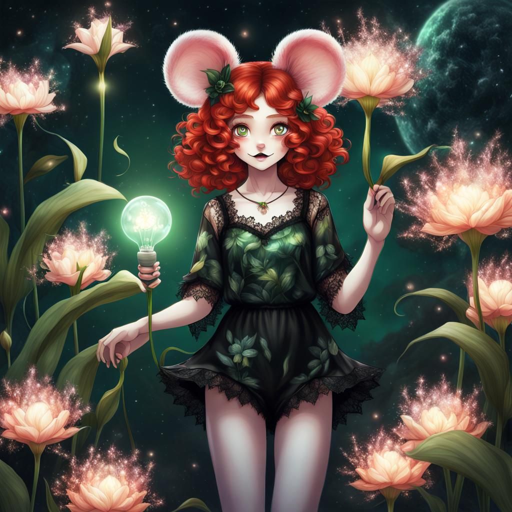 Anthropomorphic beautiful mouse woman short red curly hair, white fur ...