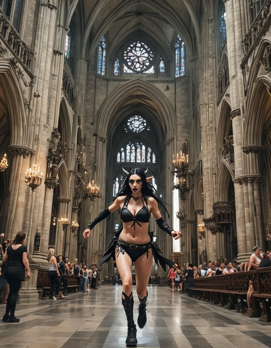 gothic elf with a bikini running in a cathedral