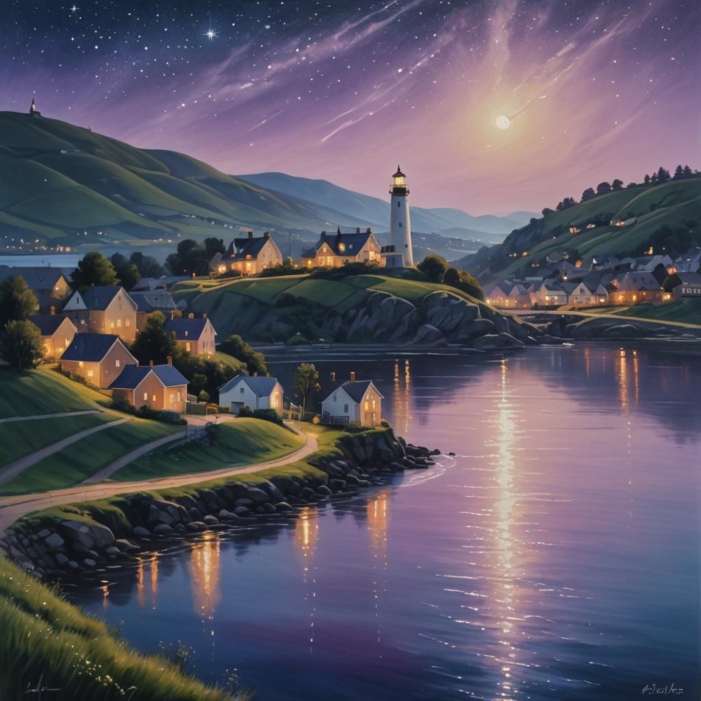 A river runs between 2 hills, on one hill there is a lightho...