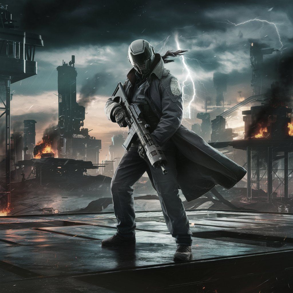 A lone police officer patrolling a desolate cyberpunk wasteland