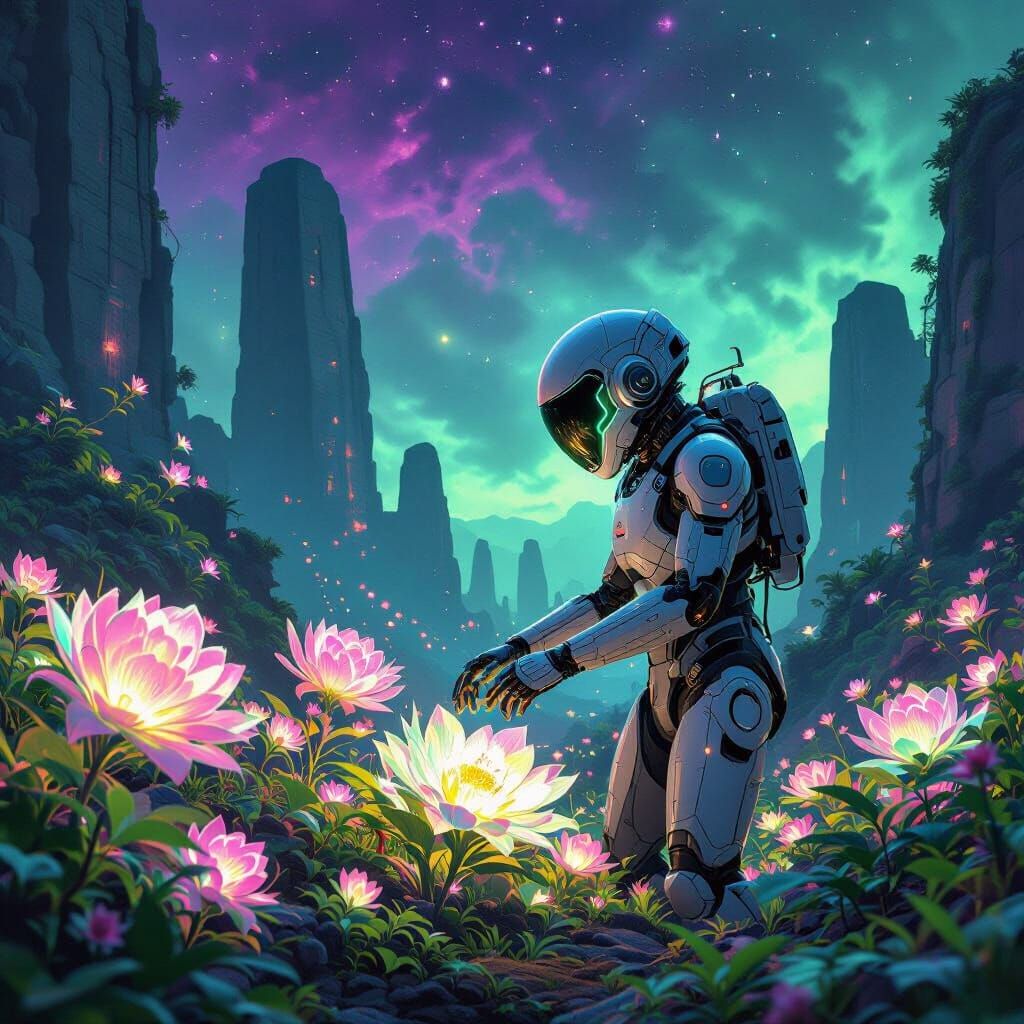 An android botanist meticulously tending to bioluminescent flora on a newly discovered alien planet. The landscape is dotted with ancient, m...