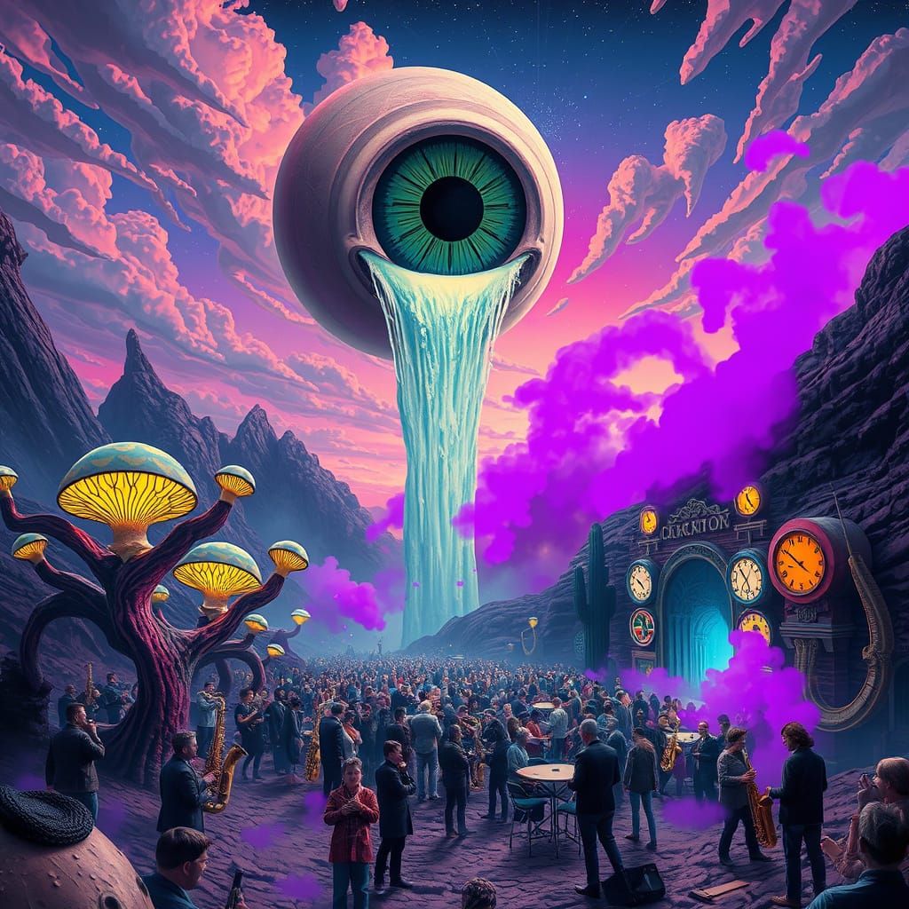 A colossal waterfall cascading out of a giant floating eyeball in the sky, spilling onto a crowded alien ...  by @Gargamels_Right_Boot