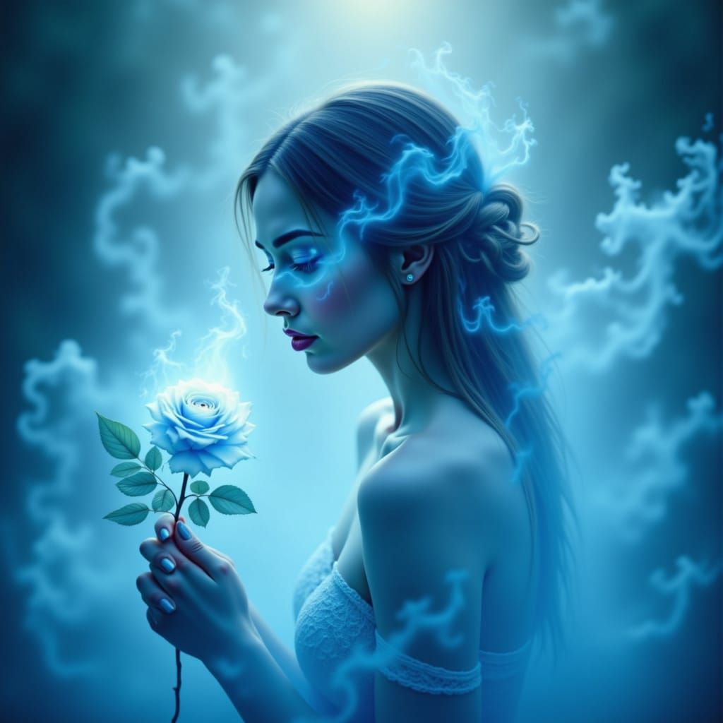 light blue woman and light blue rose of light blue fire and light blue fog <lora:The LightBlue of Red:1.0>
