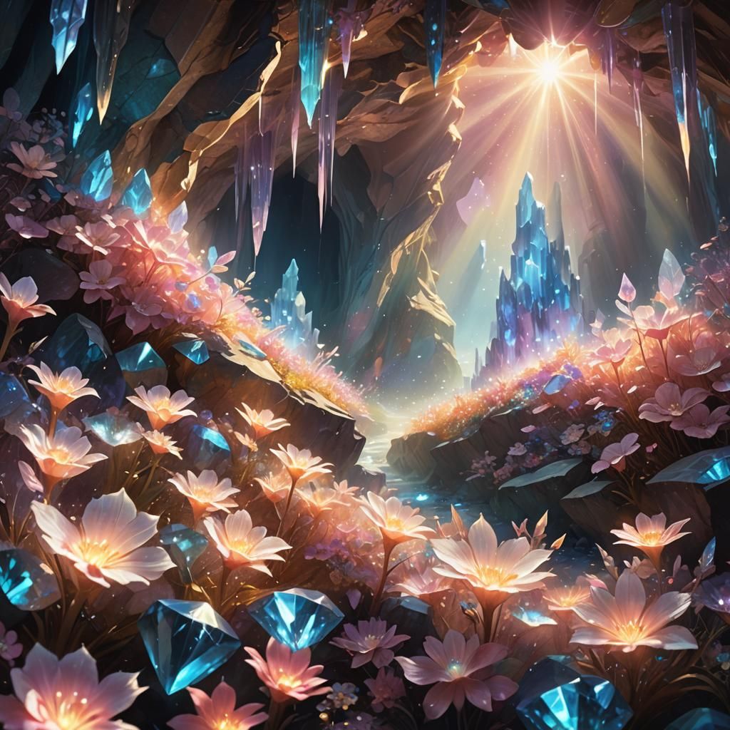 Mystical Cavern Concept Art with Iridescent Flowers