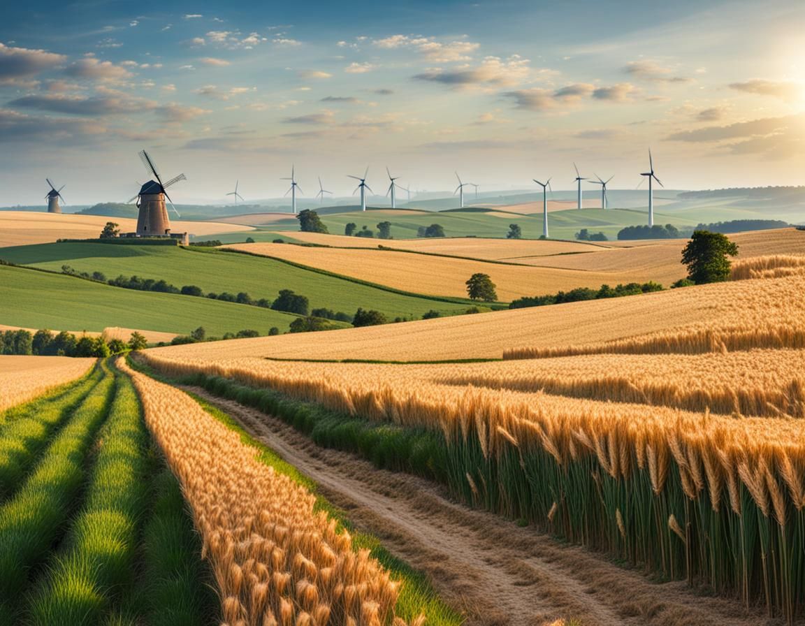 A peaceful countryside landscape featuring windmills and fie...