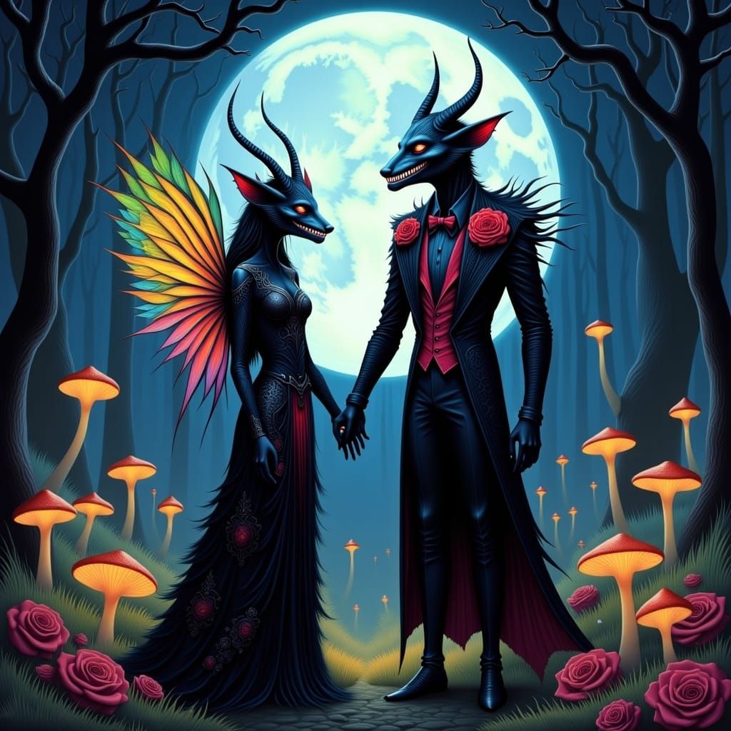 <lora:MrsH Darkling:1.0>  Inspired by the styles of James Jean, Loish, and_chiibu, a vibrant darkling Fae and creepy Fae are ready for danci...